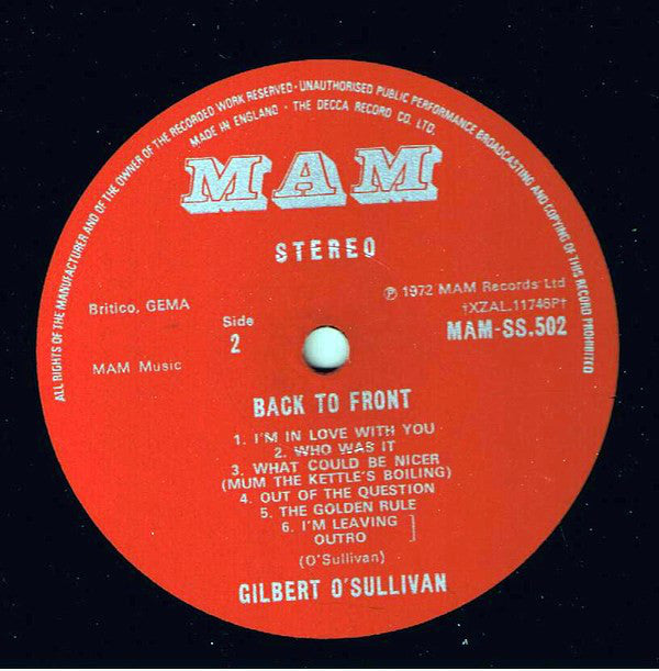 Gilbert O'Sullivan : Back To Front (LP, Album)