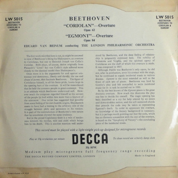 Ludwig van Beethoven - Eduard van Beinum Conducting The London Philharmonic Orchestra : "Coriolan"–Overture Opus 62 / "Egmont"–Overture Opus 84 (10")