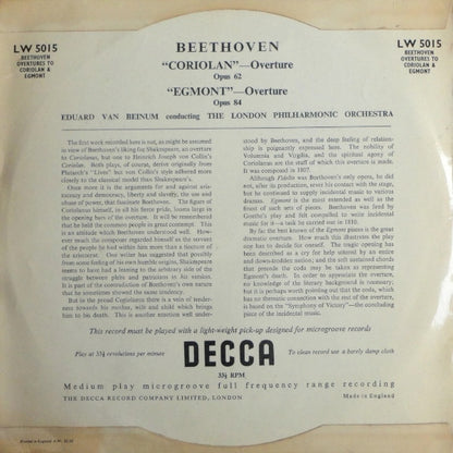 Ludwig van Beethoven - Eduard van Beinum Conducting The London Philharmonic Orchestra : "Coriolan"–Overture Opus 62 / "Egmont"–Overture Opus 84 (10")