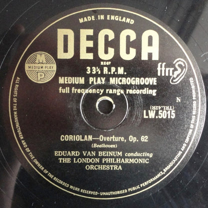 Ludwig van Beethoven - Eduard van Beinum Conducting The London Philharmonic Orchestra : "Coriolan"–Overture Opus 62 / "Egmont"–Overture Opus 84 (10")