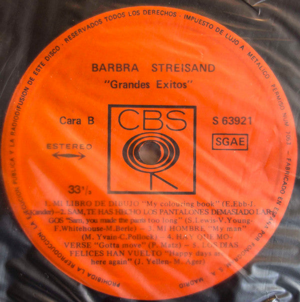 Barbra Streisand : Barbra Streisand's Greatest Hits = Barbra Streisand Grandes Exitos (LP, Comp, RE, Ora)