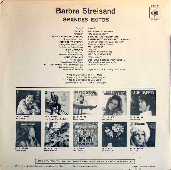 Barbra Streisand : Barbra Streisand's Greatest Hits = Barbra Streisand Grandes Exitos (LP, Comp, RE, Ora)