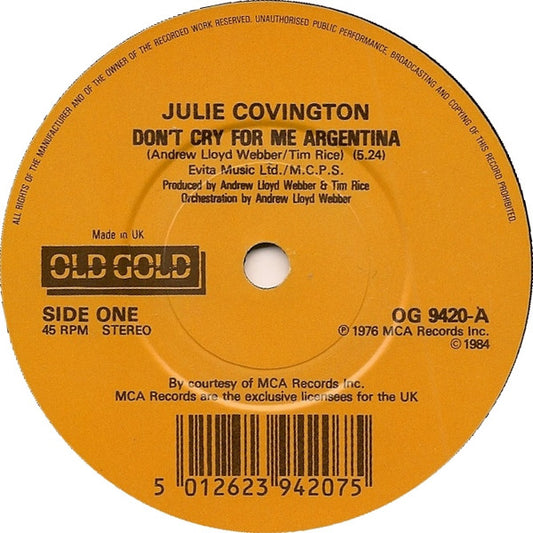 Julie Covington / Barbara Dickson : Don't Cry For Me Argentina / Another Suitcase Another Hall (7", Single, RP)