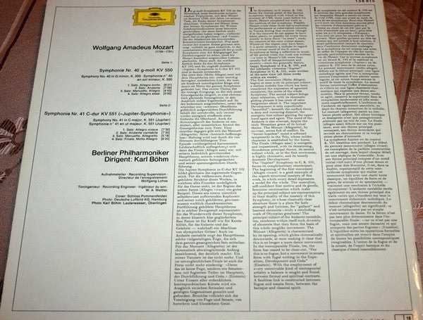 Wolfgang Amadeus Mozart - Berliner Philharmoniker · Karl Böhm : Symphonien Nr. 40 G-Moll (In G Minor) Nr. 41 Jupiter (LP, Gat)