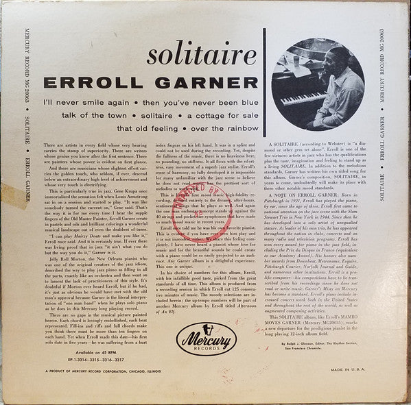 Erroll Garner : Solitaire (LP, Album, Mono, RE)