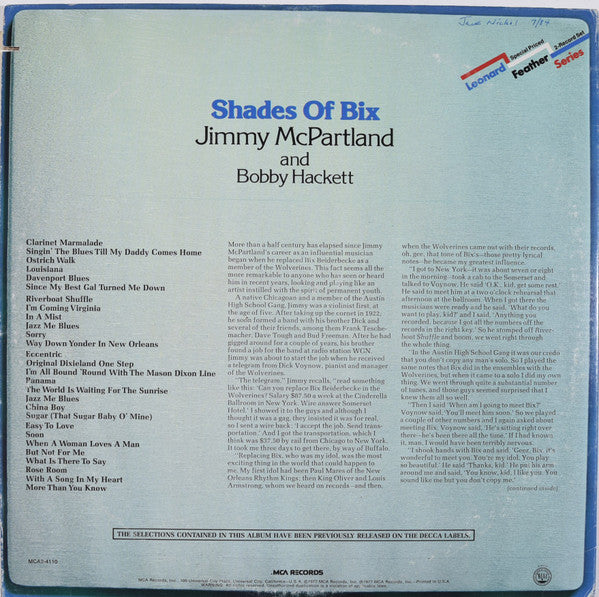 Jimmy McPartland And Bobby Hackett : Shades Of Bix (2xLP, Comp, Glo)