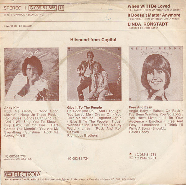 Linda Ronstadt : When Will I Be Loved  (7", Single)