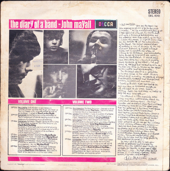 John Mayall & The Bluesbreakers : The Diary Of A Band Volume One (Selected Highspots From Sixty Hours Of Bluesbreakers Club Recordings 1967) (LP, Album)