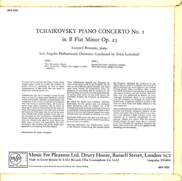 Pyotr Ilyich Tchaikovsky : Leonard Pennario Soloist Los Angeles Philharmonic Orchestra Conducted By Erich Leinsdorf : Piano Concerto No. 1 In B Flat Minor (LP, Mono, RE)