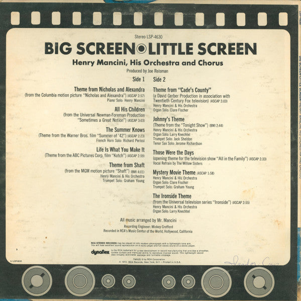 Henry Mancini And His Orchestra And Chorus : Big Screen - Little Screen (LP)