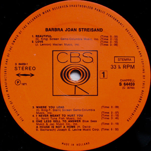 Barbra Streisand : Barbra Joan Streisand (LP, Album, Gat)