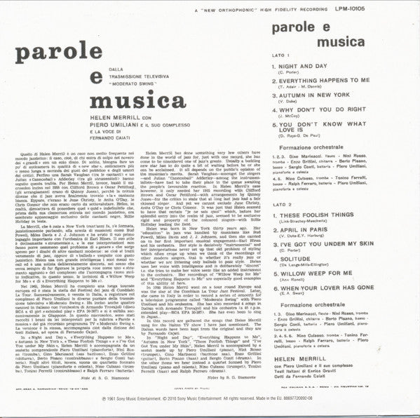 Helen Merrill : Parole E Musica (CD, Album, RE)