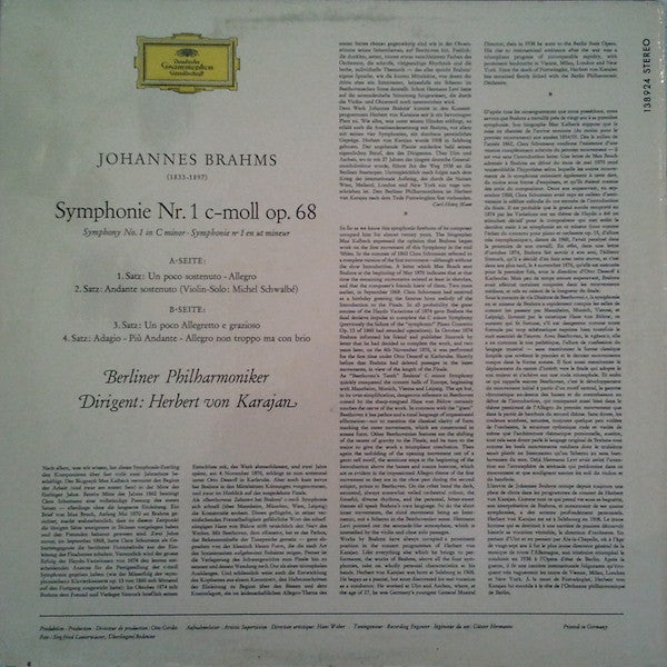 Johannes Brahms, Herbert von Karajan, Berliner Philharmoniker : Symphonie Nr. 1 C-Moll Op. 68 (LP)