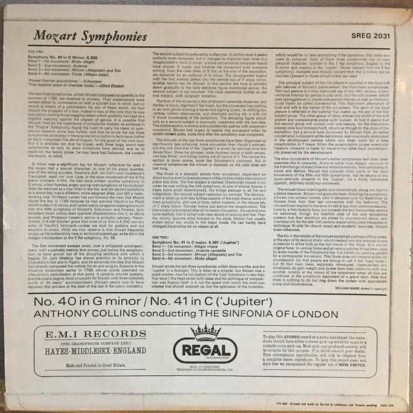 Wolfgang Amadeus Mozart - The Sinfonia Of London, Anthony Collins (2) : Mozart Symphonies No. 40 in G minor No. 41 in C (Jupiter) (LP)