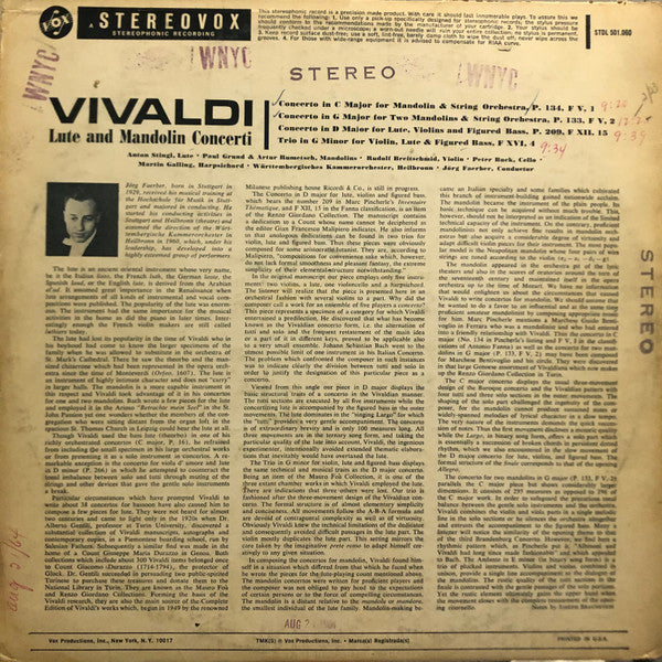 Antonio Vivaldi - Paul Grund & Artur Rumetsch, Anton Stingl, Württembergisches Kammerorchester, Jörg Faerber : Lute And Mandolin Concerti (LP, Album)