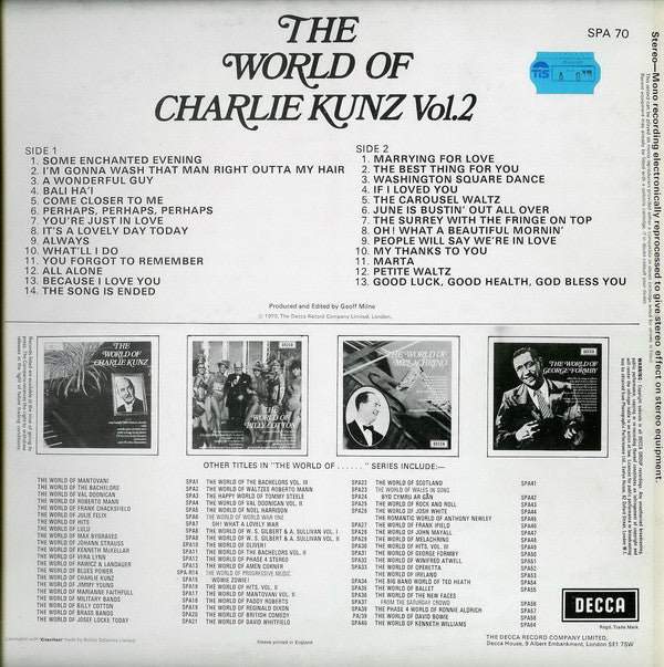 Charlie Kunz : The World Of Charlie Kunz Vol. 2 (LP, Comp)