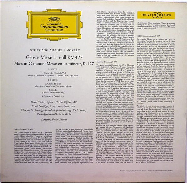 Wolfgang Amadeus Mozart, Maria Stader, Hertha Töpper, Ernst Haefliger, Ivan Sardi, Ferenc Fricsay : Grosse Messe C-moll, KV 427 = Mass In C Minor, K. 427 (LP, RE)