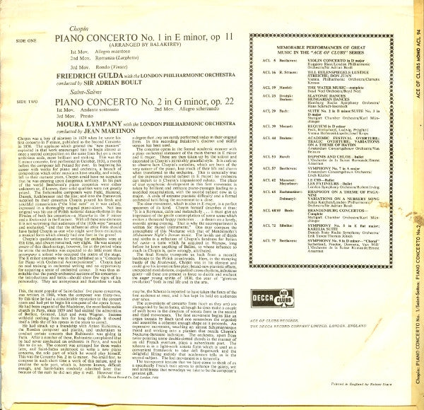 Friedrich Gulda, Sir Adrian Boult, Dame Moura Lympany, Jean Martinon, The London Philharmonic Orchestra - Frédéric Chopin / Camille Saint-Saëns : Piano Concerto No. 1 / Piano Concerto No. 2 (LP, Comp, Mono)