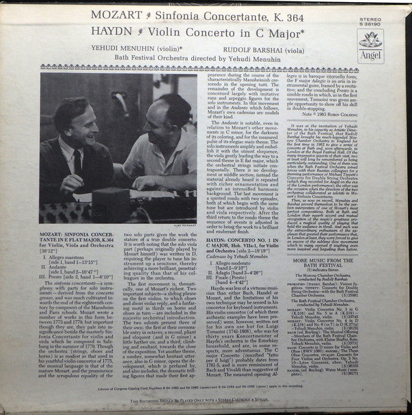 Wolfgang Amadeus Mozart / Joseph Haydn - Yehudi Menuhin, Rudolf Barshai, Bath Festival Orchestra : Sinfonia Concertante K. 364 / Violin Concerto In C Major (LP, RE, RP)