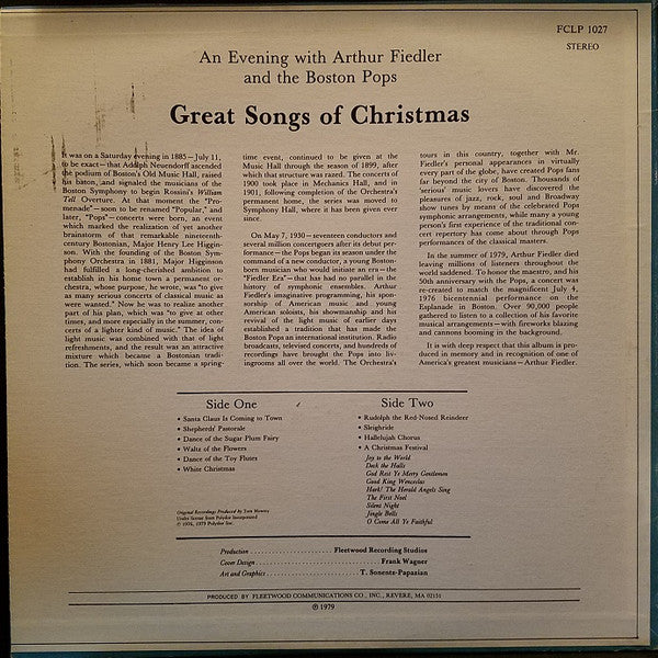 Arthur Fiedler And The Boston Pops Orchestra : Great Songs Of Christmas (LP, Album)