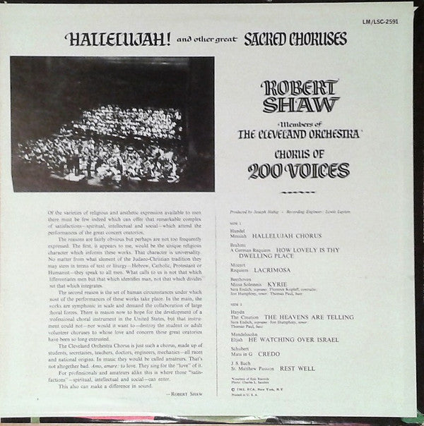 Robert Shaw , Members Of The Cleveland Orchestra Chorus : Hallelujah! And Other Great Sacred Choruses (LP, Album, RP)