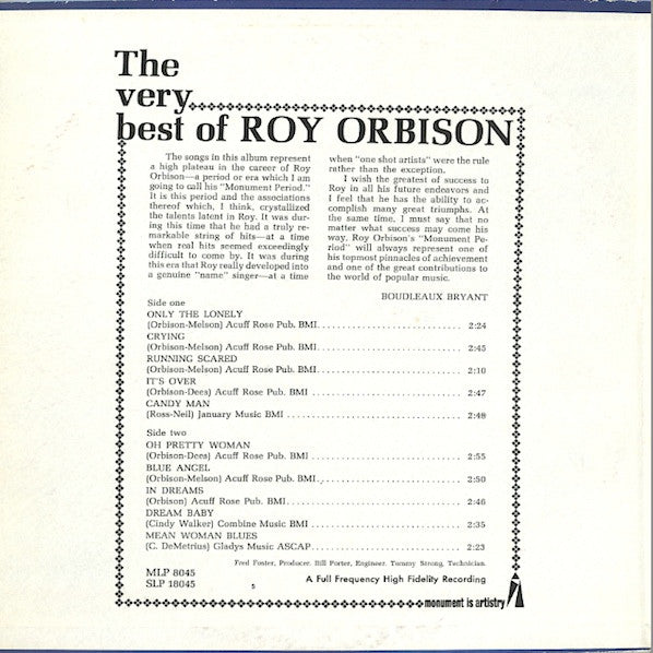 Roy Orbison : The Very Best Of Roy Orbison (LP, Comp)