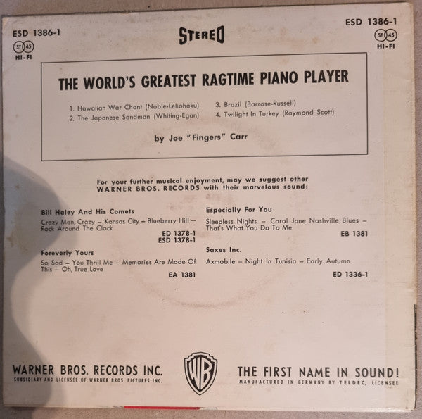 Joe "Fingers" Carr : The World's Greatest Ragtime Piano Player (7", EP, Mono)