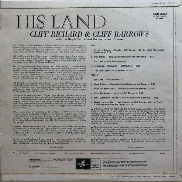 Cliff Richard & Cliff Barrows With Ralph Carmichael Orchestra And The Ralph Carmichael Singers : His Land (LP, Album)