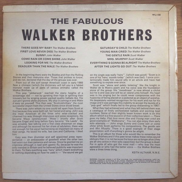 The Walker Brothers : The Fabulous Walker Brothers (LP, Comp, RE)