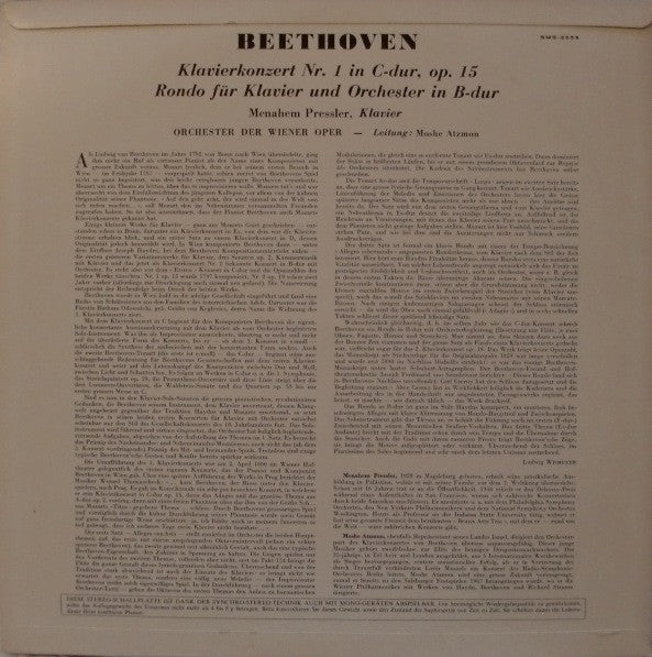 Ludwig van Beethoven - Menahem Pressler, Orchester Der Wiener Staatsoper, Moshe Atzmon : Klavierkonzert Nr. 1 / Rondo Für Klavier Und Orchester (LP)