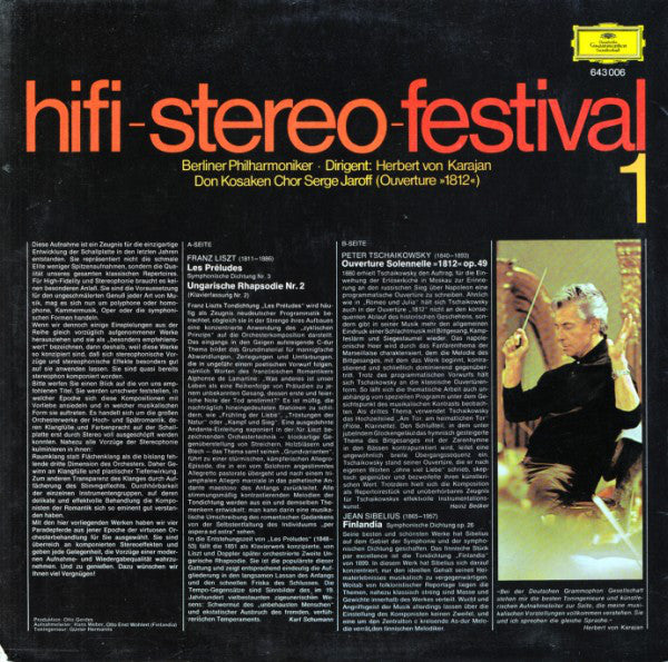 Berliner Philharmoniker, Herbert von Karajan – Franz Liszt, Pyotr Ilyich Tchaikovsky, Jean Sibelius : Hifi-Stereo-Festival 1 (LP, Comp)