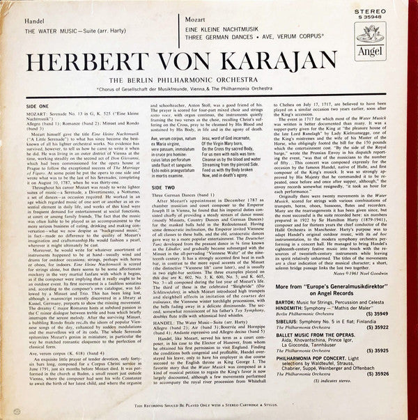 Georg Friedrich Händel, Wolfgang Amadeus Mozart, Herbert von Karajan, Singverein Der Gesellschaft Der Musikfreunde, Berliner Philharmoniker, Philharmonia Orchestra : The Water Music Suite / Eine Kleine Nachtmusik, K. 525; Three German Dances; Ave, Verum Corpus, K. 618 (LP, Album, RE)