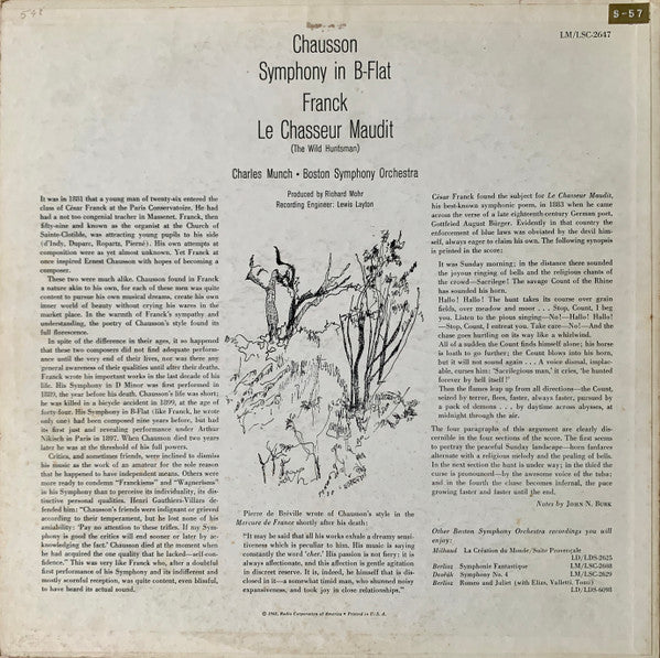 Ernest Chausson / César Franck - Charles Munch, Boston Symphony Orchestra : Symphony In B-Flat / Le Chasseur Maudit (LP)