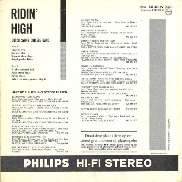 The Dutch Swing College Band : Ridin' High (10", Gat)