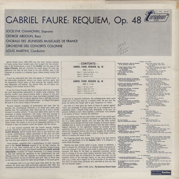 Gabriel Fauré - Jocelyne Chamonin, Georges Abdoun, Chorale des Jeunesses Musicales de France, L'Orchestre De L'Association Des Concerts Colonne, Louis Martini : Requiem (LP)