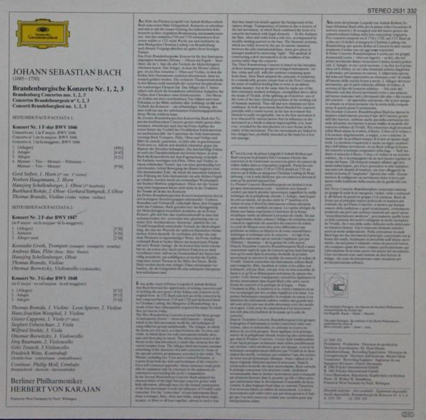 Johann Sebastian Bach, Berliner Philharmoniker, Herbert Von Karajan : Brandenburgische Konzerte 1 • 2 • 3 (LP, Album)