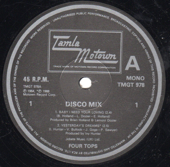 Four Tops : Disco Mix (Four Tops Medley) (12", Mono)