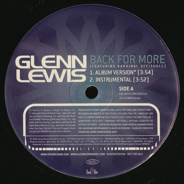 Glenn Lewis : Back For More (12", Promo)