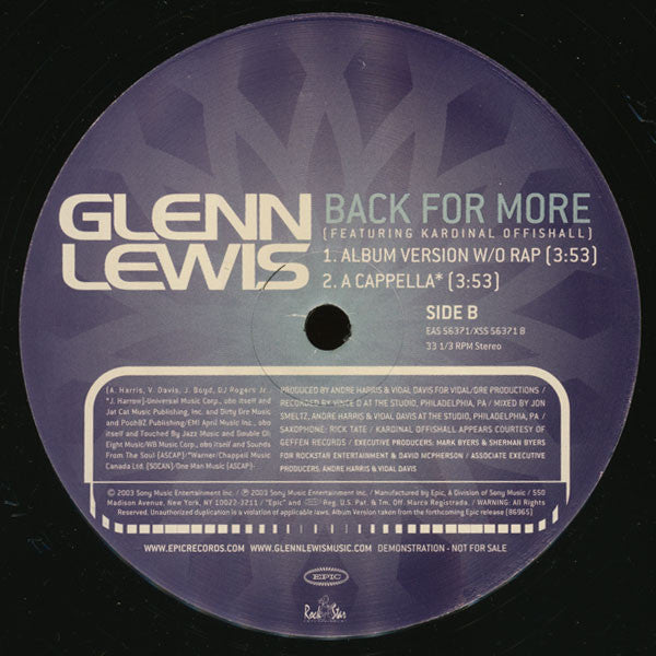 Glenn Lewis : Back For More (12", Promo)