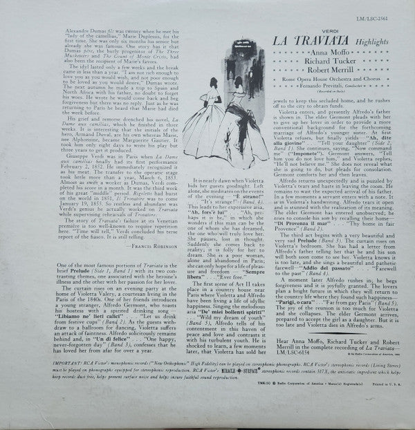 Giuseppe Verdi, Anna Moffo, Richard Tucker (2), Robert Merrill, Orchestra Del Teatro Dell'Opera Di Roma and Coro Del Teatro Dell'Opera Di Roma, Fernando Previtali : La Traviata Highlights (LP)