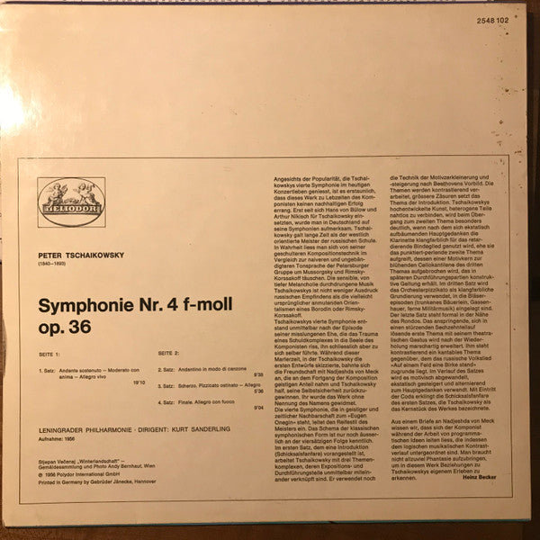 Pyotr Ilyich Tchaikovsky - Leningrad Philharmonic Orchestra, Kurt Sanderling : Symphonie Nr. 4 f-moll - Symphony No. 4 in F minor (LP, Mono, RE)