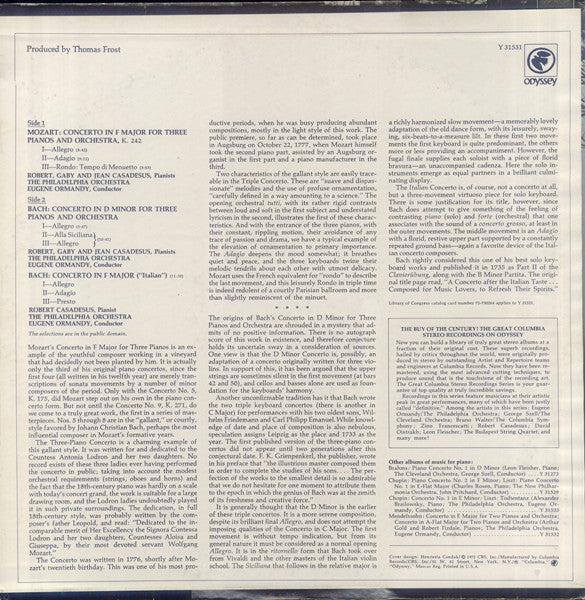 Robert Casadesus, Gaby Casadesus, Jean Casadesus, Eugene Ormandy, The Philadelphia Orchestra, Johann Sebastian Bach, Wolfgang Amadeus Mozart : Concerto No. 1 In D Minor For Three Pianos, Concerto In F Major For Three Pianos, Italian Concerto (LP, RE)