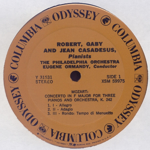 Robert Casadesus, Gaby Casadesus, Jean Casadesus, Eugene Ormandy, The Philadelphia Orchestra, Johann Sebastian Bach, Wolfgang Amadeus Mozart : Concerto No. 1 In D Minor For Three Pianos, Concerto In F Major For Three Pianos, Italian Concerto (LP, RE)