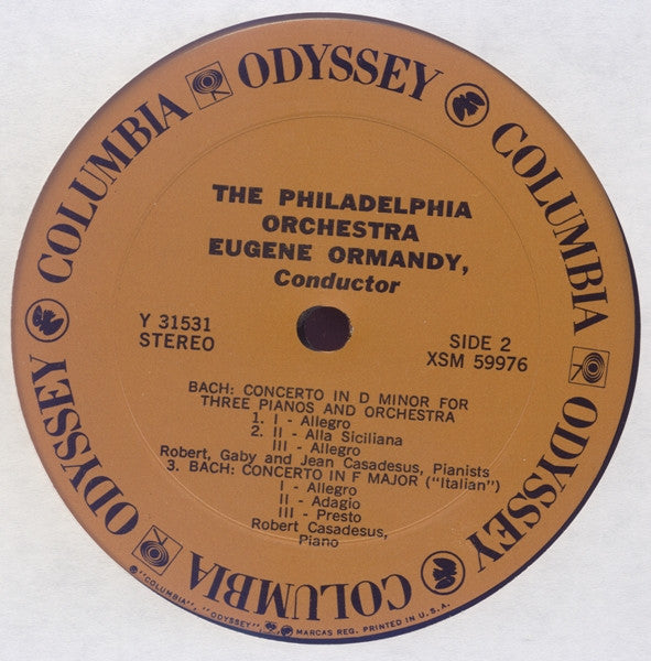 Robert Casadesus, Gaby Casadesus, Jean Casadesus, Eugene Ormandy, The Philadelphia Orchestra, Johann Sebastian Bach, Wolfgang Amadeus Mozart : Concerto No. 1 In D Minor For Three Pianos, Concerto In F Major For Three Pianos, Italian Concerto (LP, RE)