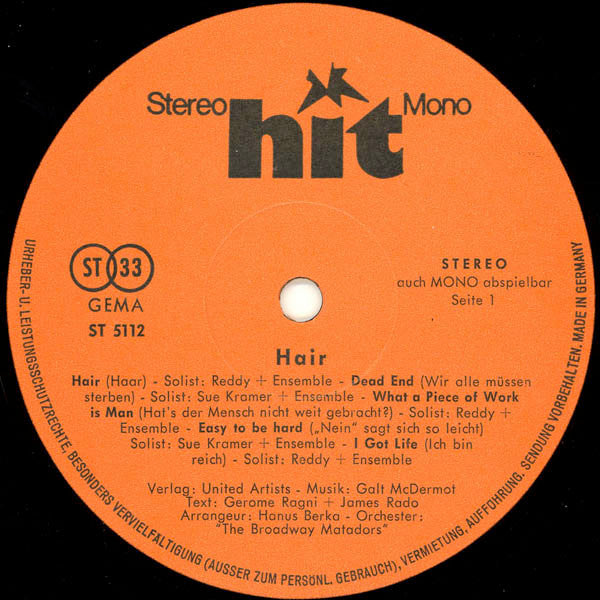 Reddy (2), Su Kramer, The Matadors (2) : Hair (LP, Album)