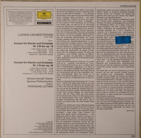 Ludwig Van Beethoven - Wilhelm Kempff, Berliner Philharmoniker, Ferdinand Leitner : Klavierkonzerte Nr.2&4 (LP, RE)