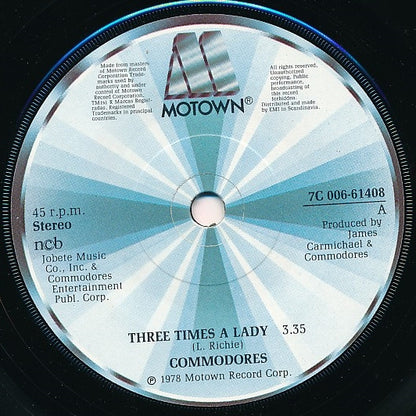 Commodores : Three Times A Lady  (7", Single, Sol)