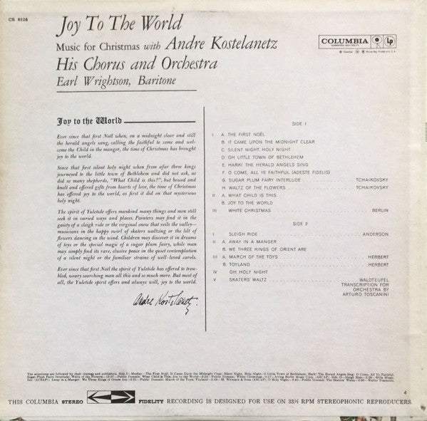 André Kostelanetz And His Chorus And André Kostelanetz And His Orchestra & Earl Wrightson : Joy To The World:  Music For Christmas (LP, Album)