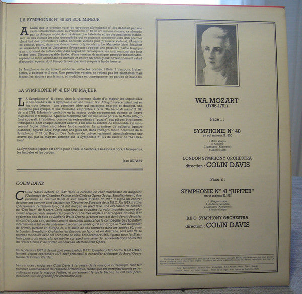 Wolfgang Amadeus Mozart - BBC Symphony Orchestra, The London Symphony Orchestra, Sir Colin Davis : Symphonie N°40 - Symphonie N°41 "Jupiter" (LP, Comp, RE, Gat)