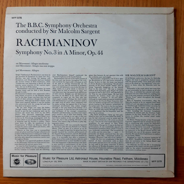 Sir Malcolm Sargent Conducts Sergei Vasilyevich Rachmaninoff : Symphony No. 3 In A Minor, Op. 44 (LP, Mono)